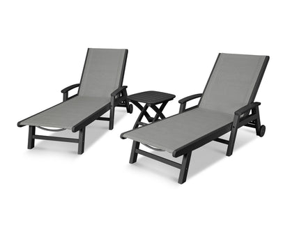 POLYWOOD® Coastal 3-Piece Wheeled Chaise Set in Black / Metallic Sling