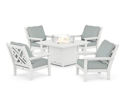 POLYWOOD® Chippendale 5-Piece Deep Seating Set with Fire Pit Table in White / Spa