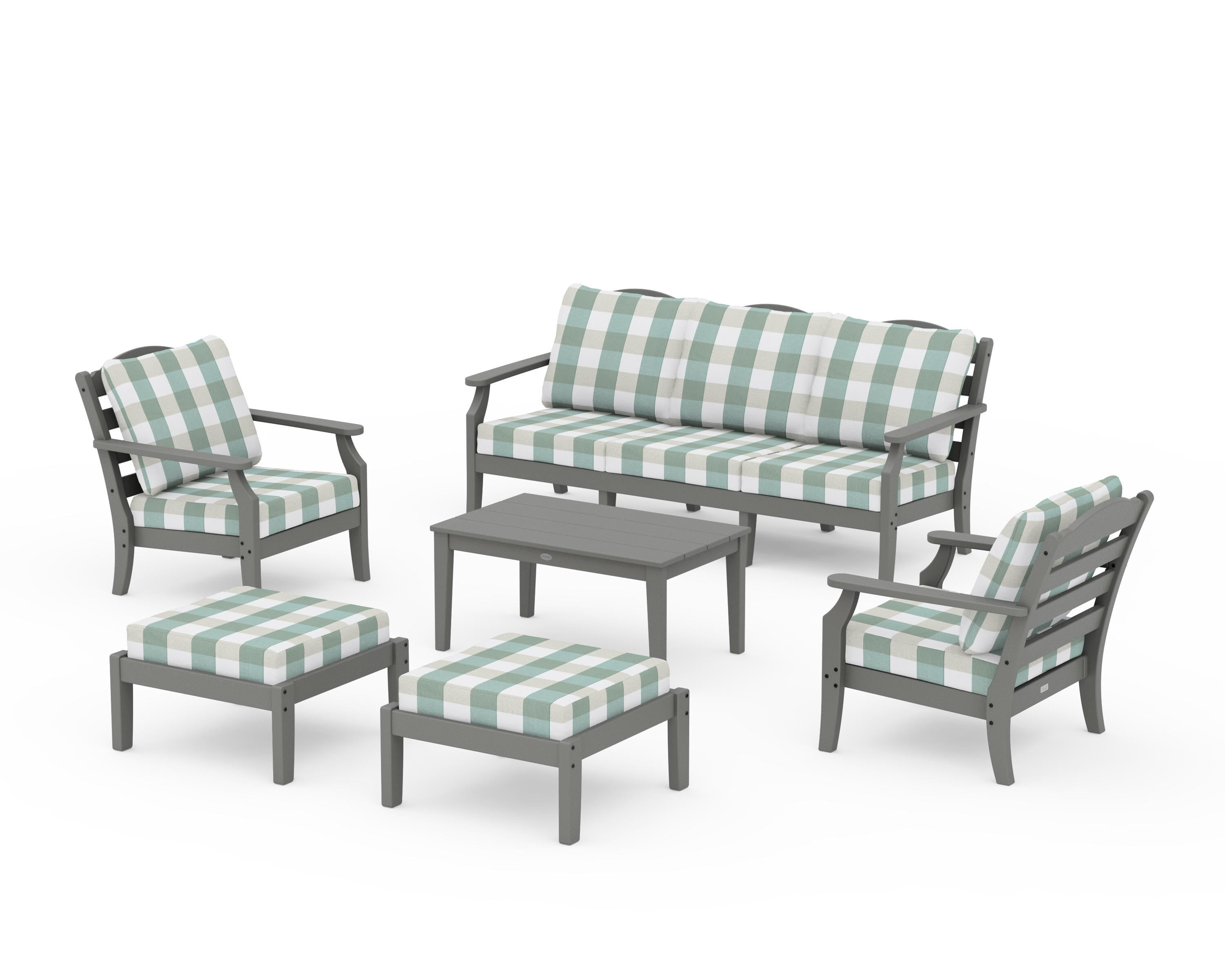 Draper James™ by  POLYWOOD® Savannah 6-Piece Lounge Sofa Set in Slate Grey / Buffalo Plaid Glacier Spa