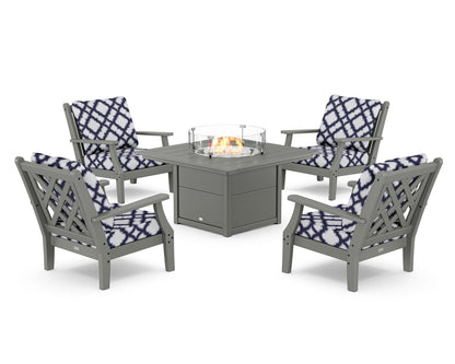 Country Living Wovendale 5-Piece Deep Seating Set with Fire Pit Table in Slate Grey / Trellis Navy