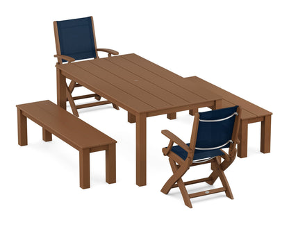 POLYWOOD® Coastal Folding Chair 5-Piece Parsons Dining Set with Benches in Teak / Navy Blue Sling