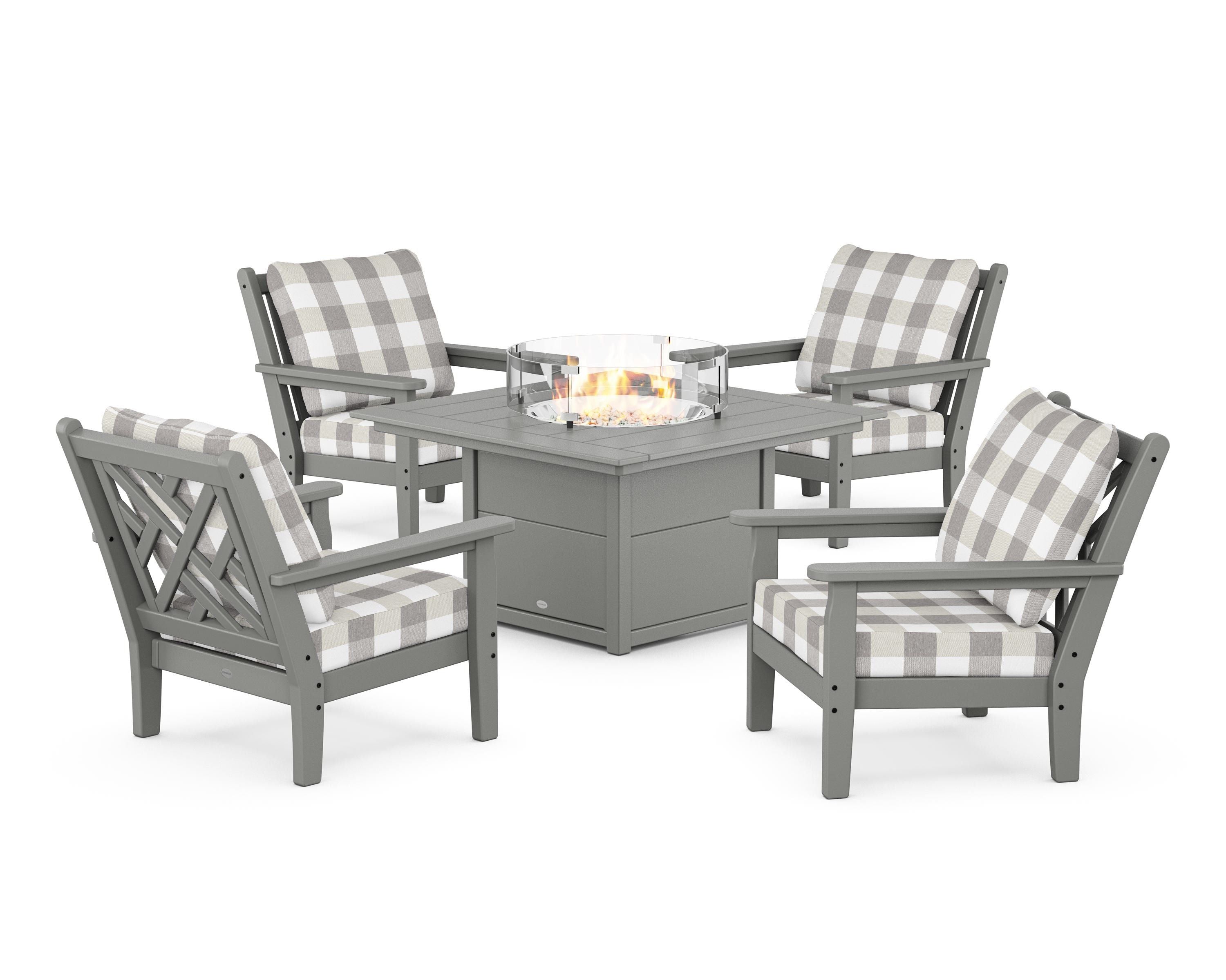 POLYWOOD® Chippendale 5-Piece Deep Seating Set with Fire Pit Table in Slate Grey / Buffalo Plaid Grey Mist