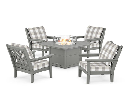 POLYWOOD® Chippendale 5-Piece Deep Seating Set with Fire Pit Table in Slate Grey / Buffalo Plaid Grey Mist