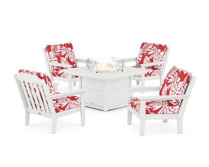 Country Living Cottage 5-Piece Deep Seating Set with Fire Pit Table in White / Leaf Crimson