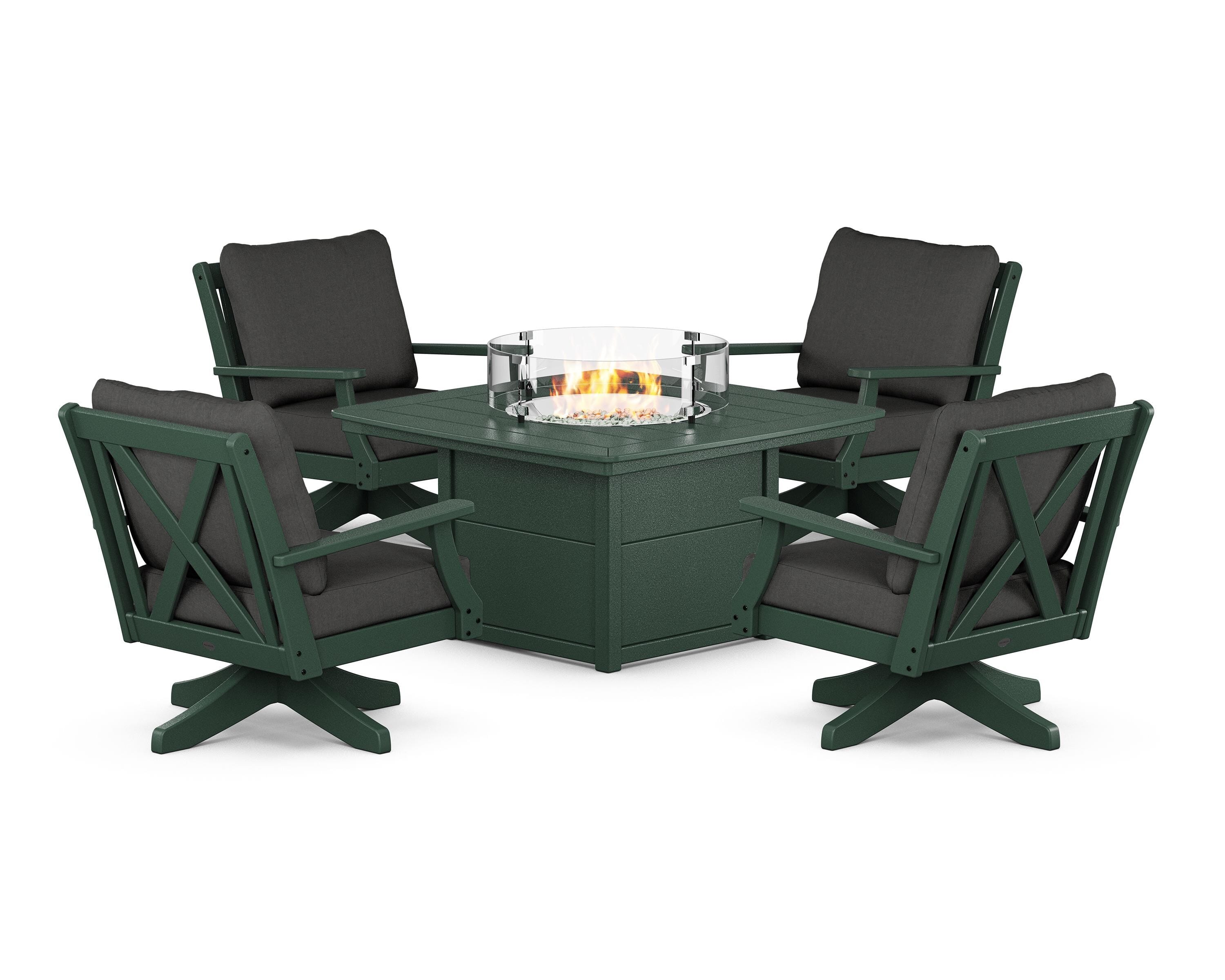 POLYWOOD® Braxton 5-Piece Deep Seating Swivel Conversation Set with Fire Pit Table in Green / Spectrum Carbon
