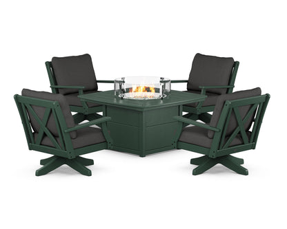 POLYWOOD® Braxton 5-Piece Deep Seating Swivel Conversation Set with Fire Pit Table in Green / Spectrum Carbon