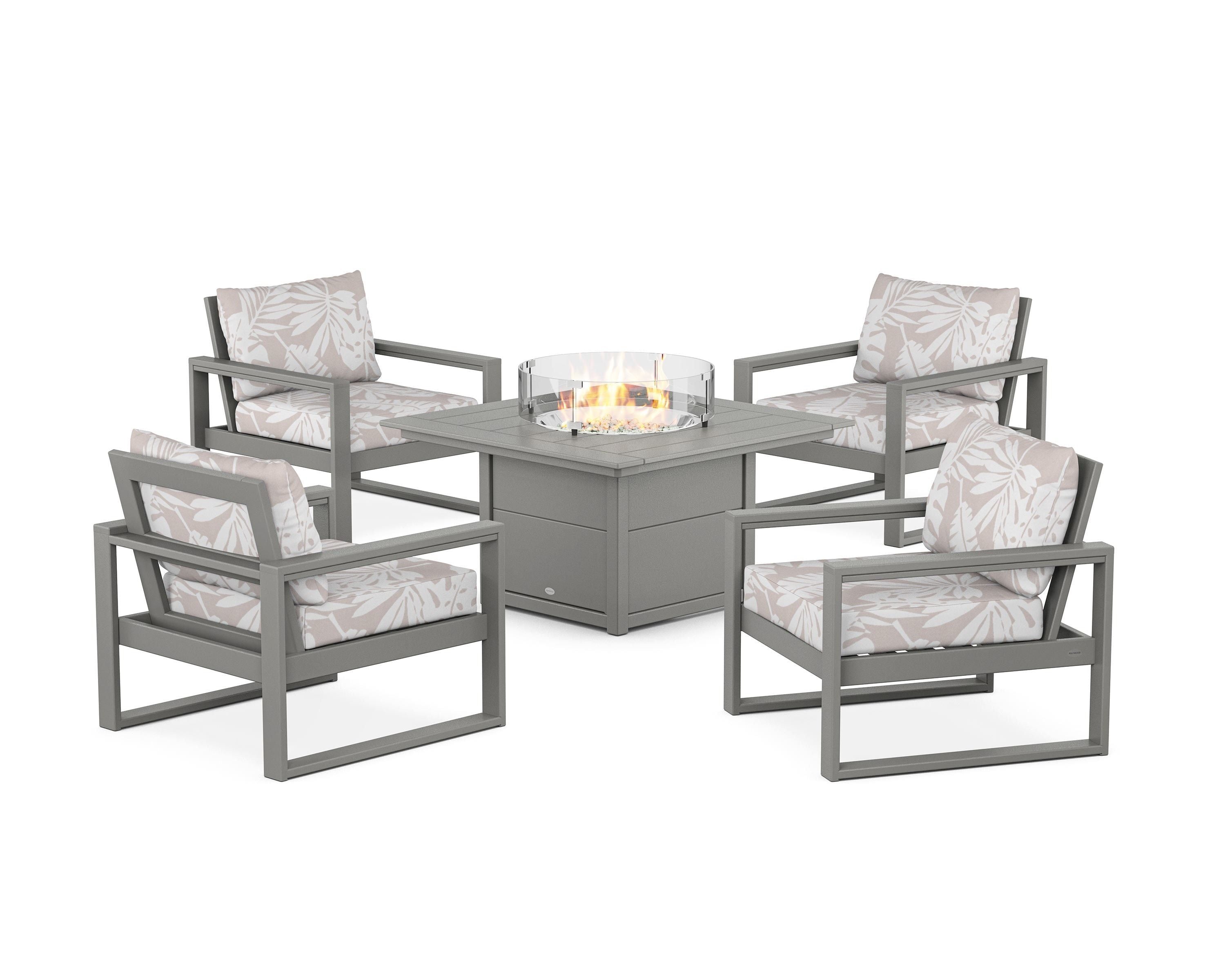 POLYWOOD® EDGE Sectional 5-Piece Deep Seating Set with Fire Pit Table in Slate Grey / Leaf Dune Burlap