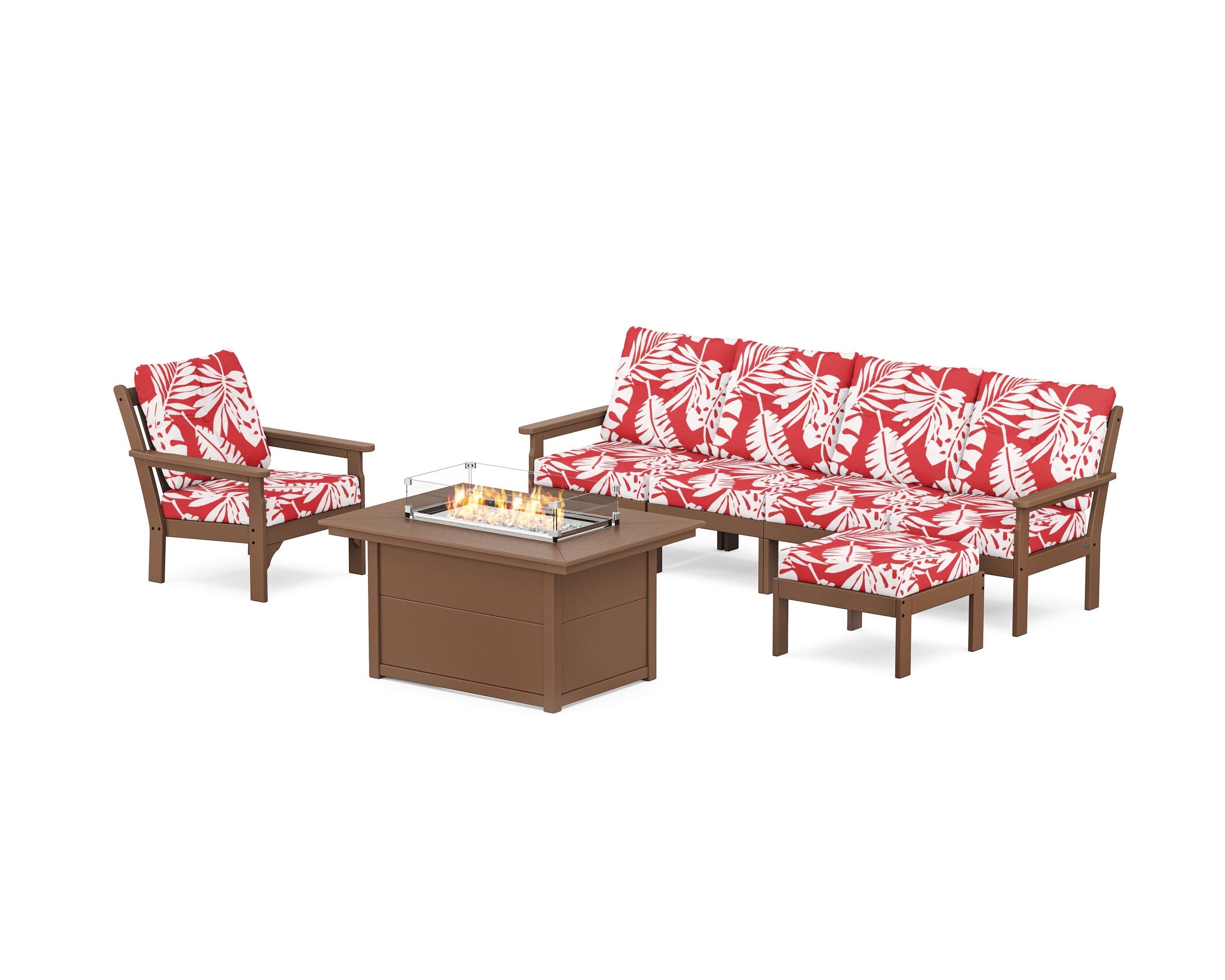 POLYWOOD® Vineyard Sectional Lounge and Fire Pit Set in Teak / Leaf Crimson