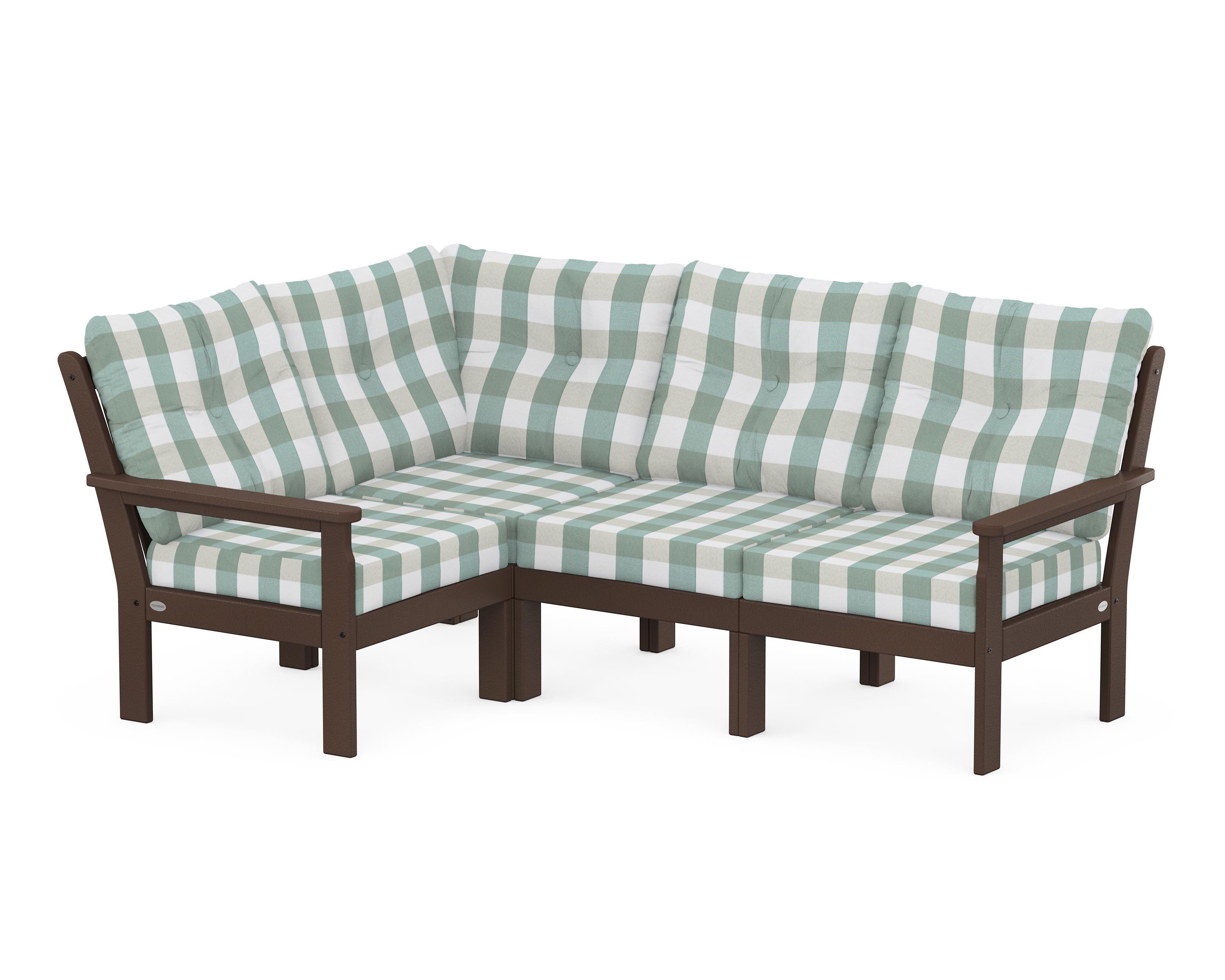 POLYWOOD® Vineyard 4-Piece Sectional in Mahogany / Buffalo Plaid Glacier Spa