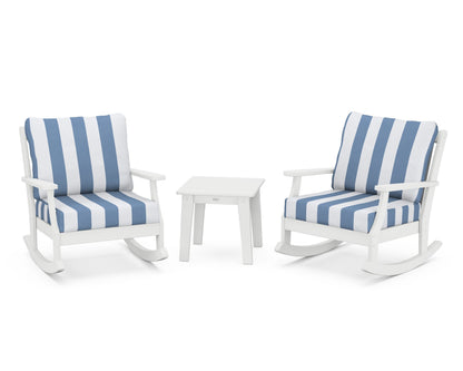 POLYWOOD® Braxton 3-Piece Deep Seating Rocker Set in White / Cabana Stripe Sky Blue