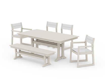 POLYWOOD® EDGE Sling 6-Piece Farmhouse Dining Set With Trestle Legs in Sand / White Sling