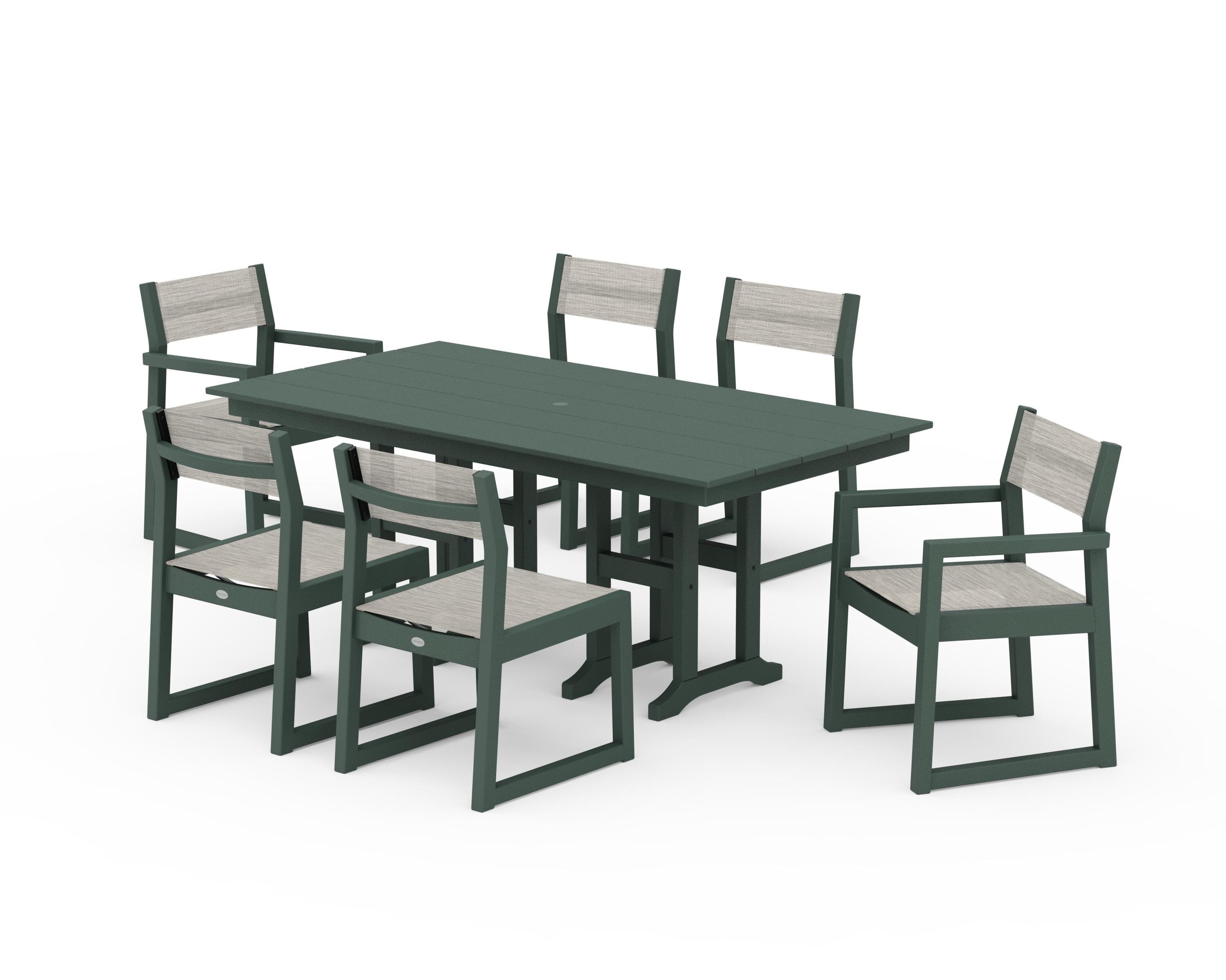 POLYWOOD® EDGE Sling 7-Piece Farmhouse Dining Set in Green / Birch Sling