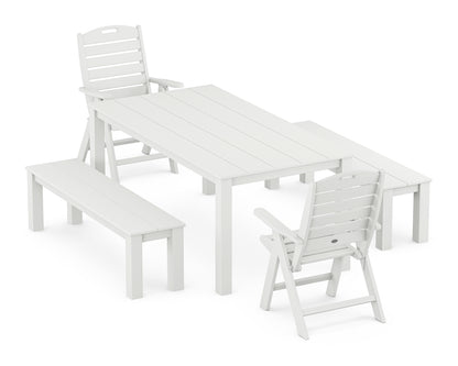 POLYWOOD® Nautical Folding Highback Chair 5-Piece Parsons Dining Set with Benches in White
