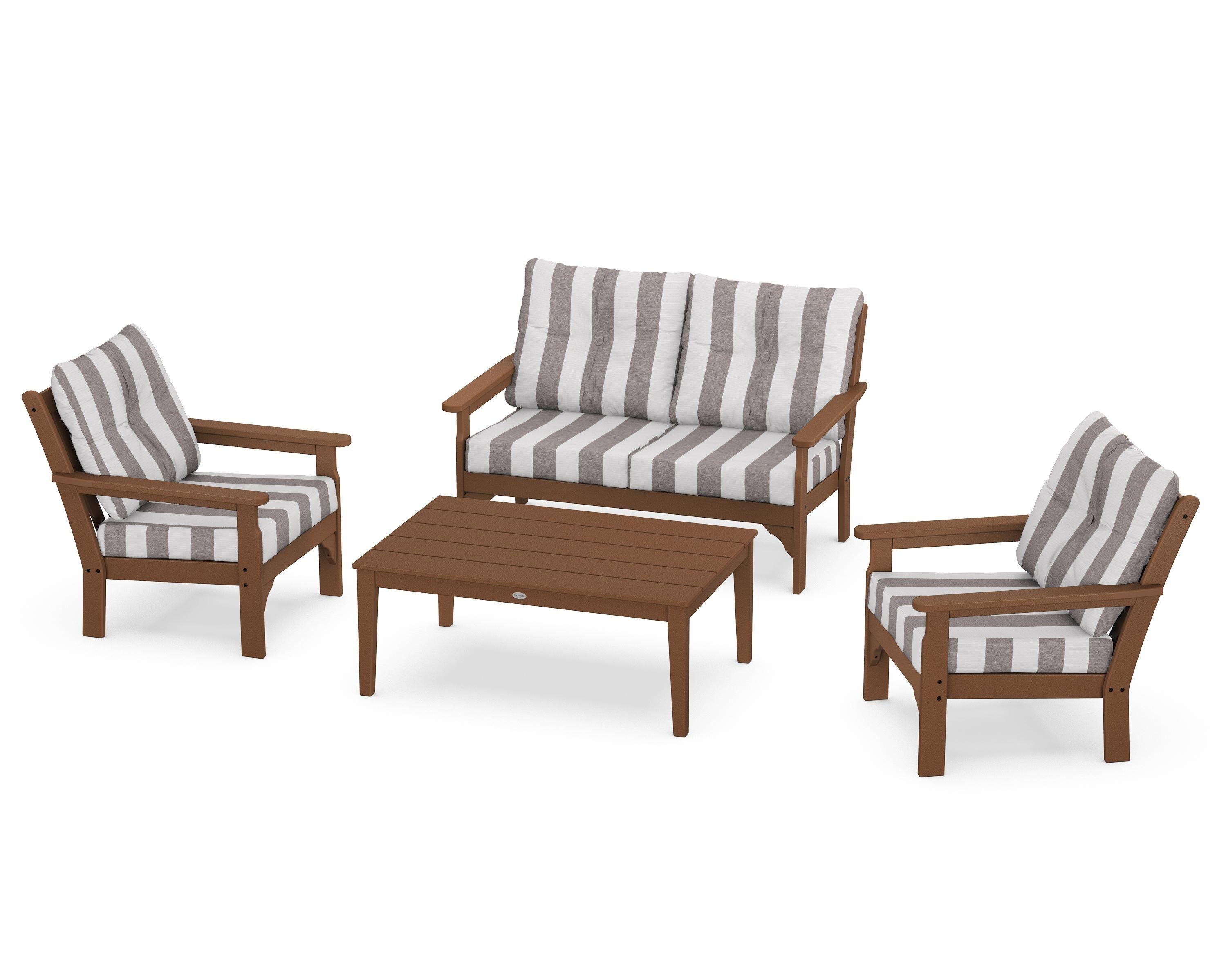 POLYWOOD® Vineyard 4-Piece Deep Seating Set in Teak / Cabana Stripe Grey Mist