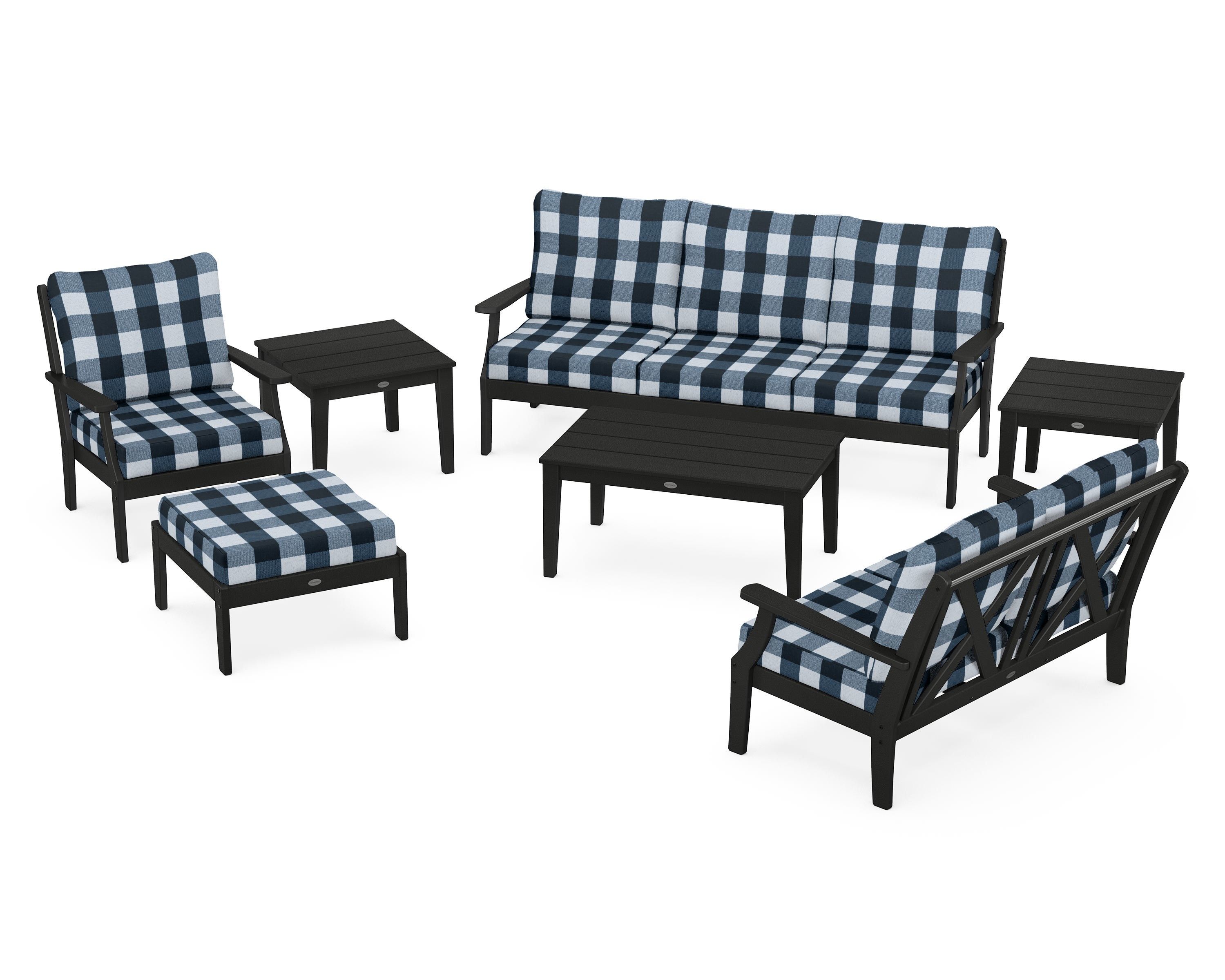 POLYWOOD® Braxton 7-Piece Deep Seating Set in Black / Buffalo Plaid Marine Indigo
