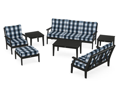 POLYWOOD® Braxton 7-Piece Deep Seating Set in Black / Buffalo Plaid Marine Indigo