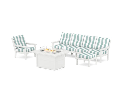 POLYWOOD® Vineyard Sectional Lounge and Fire Pit Set in White / Cabana Stripe Glacier Spa
