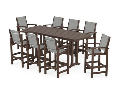 POLYWOOD® Coastal 9-Piece Bar Set with Trestle Legs in Mahogany / Metallic Sling