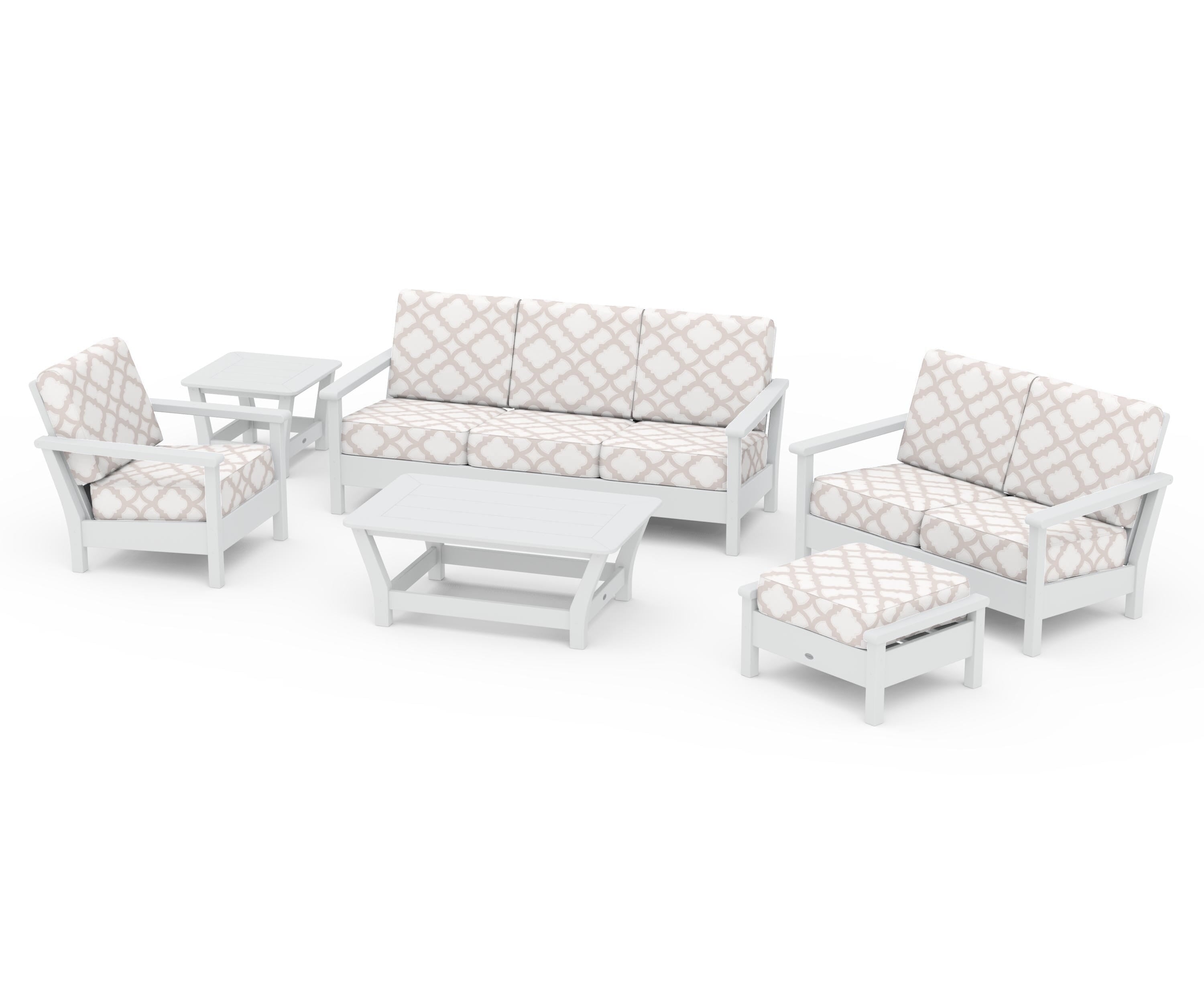 POLYWOOD® Harbour 6-Piece Outdoor Living Set in White / Trellis Dune Burlap