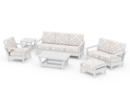 POLYWOOD® Harbour 6-Piece Outdoor Living Set in White / Trellis Dune Burlap