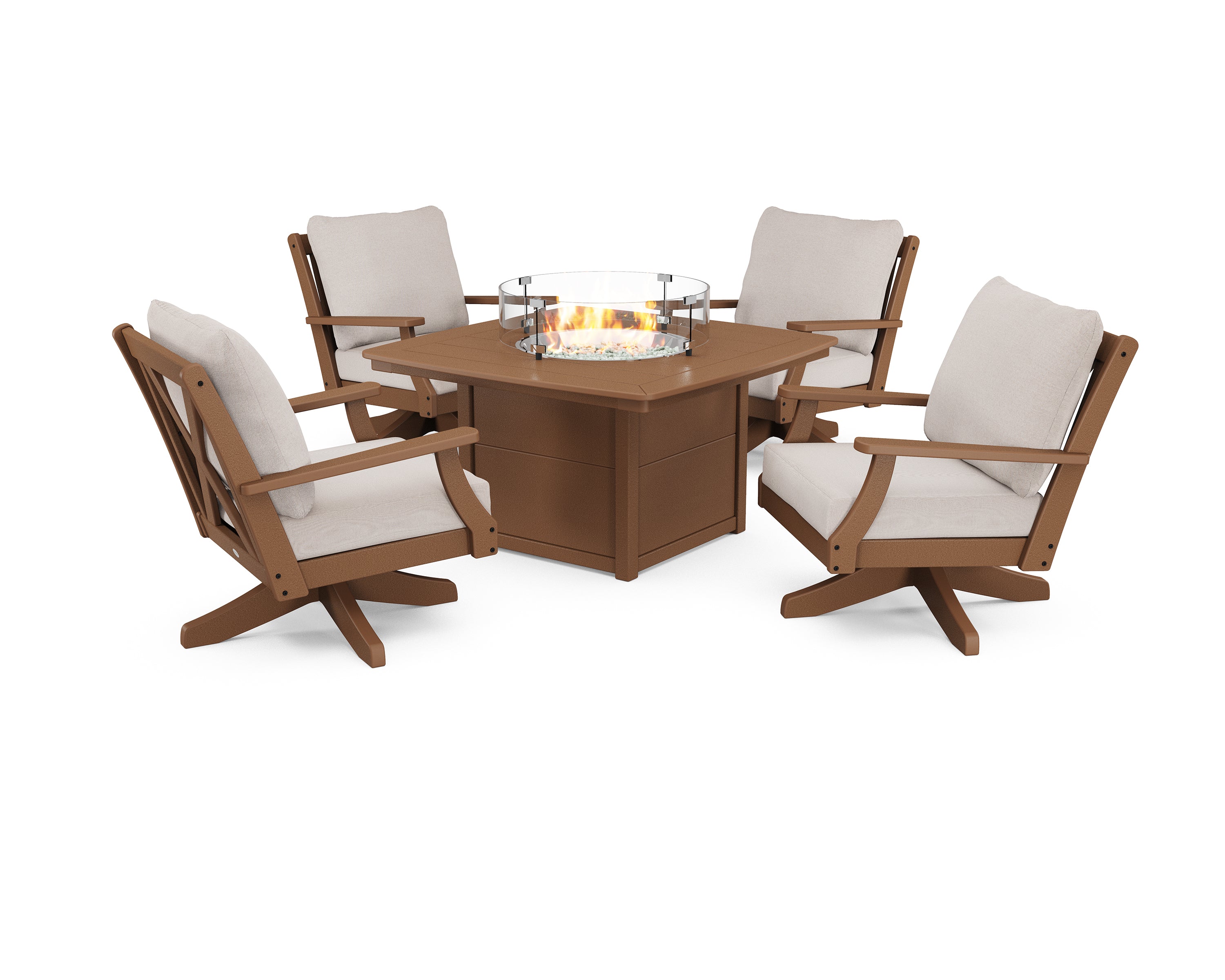 POLYWOOD® Braxton 5-Piece Deep Seating Swivel Conversation Set with Fire Pit Table in Teak / Dune Burlap