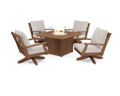 POLYWOOD® Braxton 5-Piece Deep Seating Swivel Conversation Set with Fire Pit Table in Teak / Dune Burlap