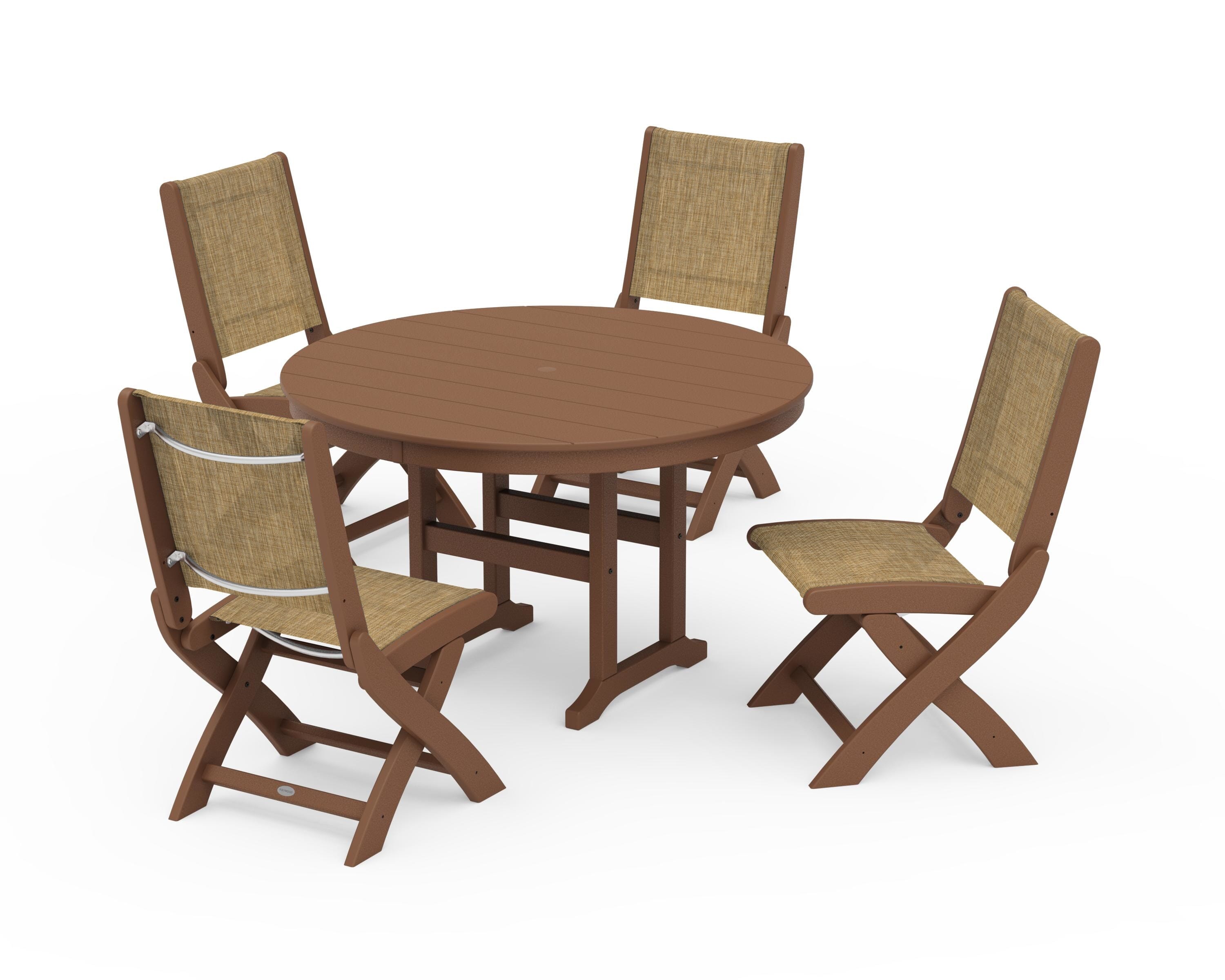 POLYWOOD® Coastal Folding Side Chair 5-Piece Round Dining Set in Teak / Burlap Sling