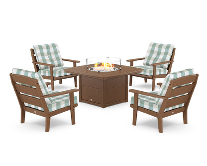 POLYWOOD® Lakeside 5-Piece Deep Seating Set with Nautical Fire Pit Table in Teak / Buffalo Plaid Glacier Spa