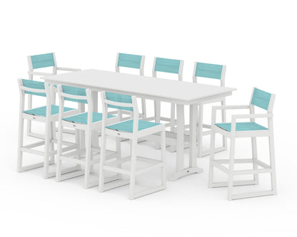 POLYWOOD® EDGE Sling 9-Piece Farmhouse Bar Set with Trestle Legs in White / Dupioni Aquamarine Sling