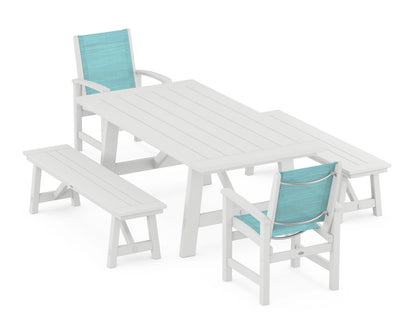 POLYWOOD® Coastal 5-Piece Rustic Farmhouse Dining Set With Benches in White / Dupioni Aquamarine Sling
