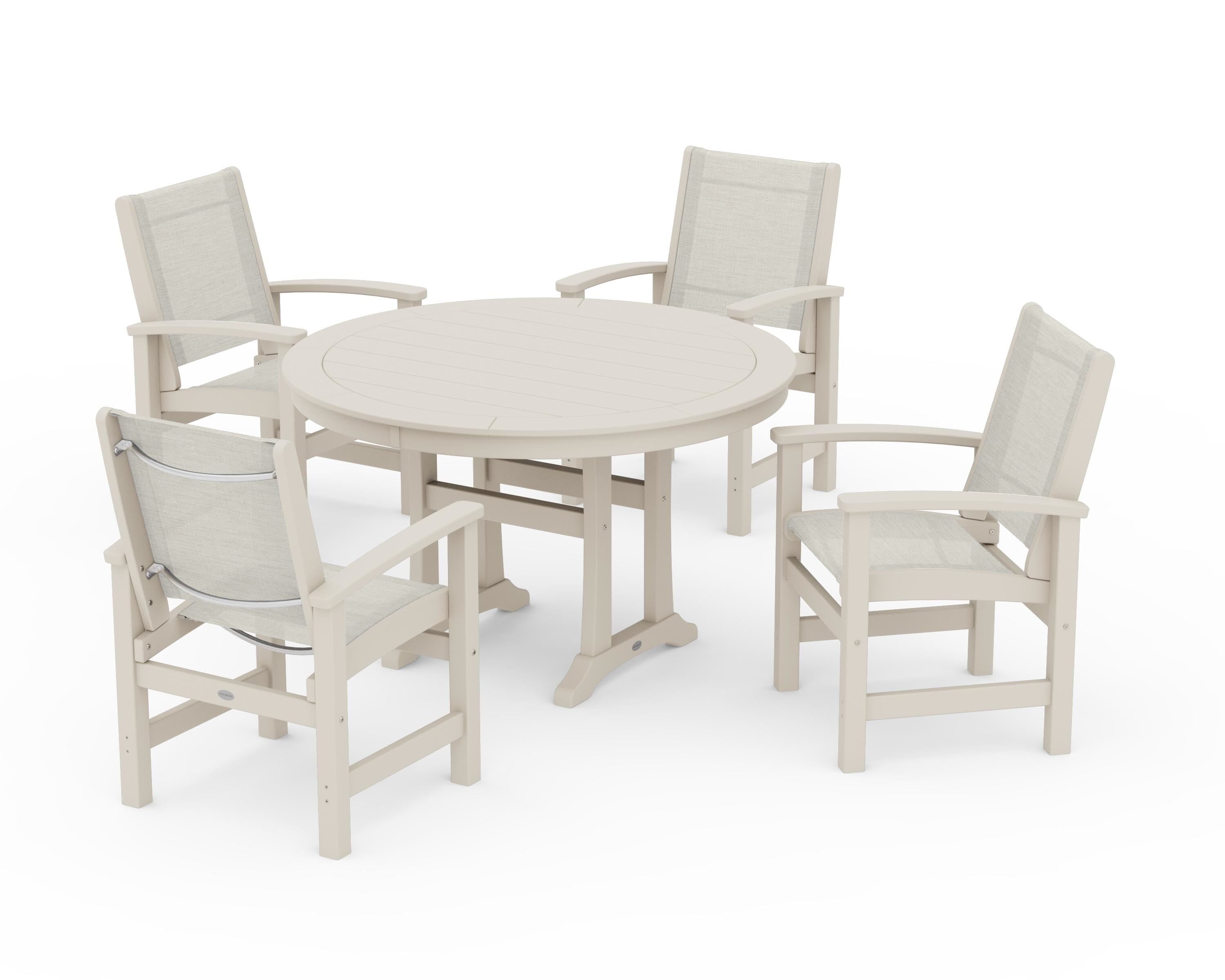 POLYWOOD® Coastal 5-Piece Round Dining Set with Trestle Legs in Sand / Parchment Sling
