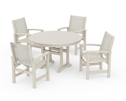 POLYWOOD® Coastal 5-Piece Round Dining Set with Trestle Legs in Sand / Parchment Sling