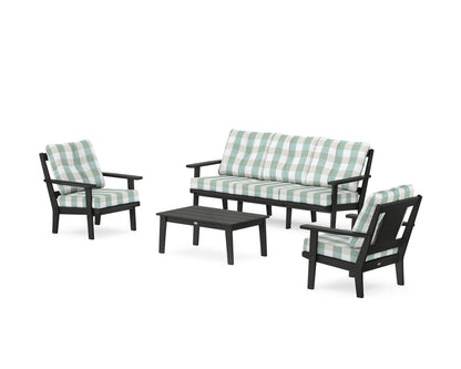 POLYWOOD® Prairie 4-Piece Deep Seating Set with Sofa in Black / Buffalo Plaid Glacier Spa