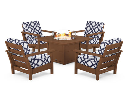 POLYWOOD® Harbour 5-Piece Conversation Set with Fire Pit Table in Teak / Trellis Navy