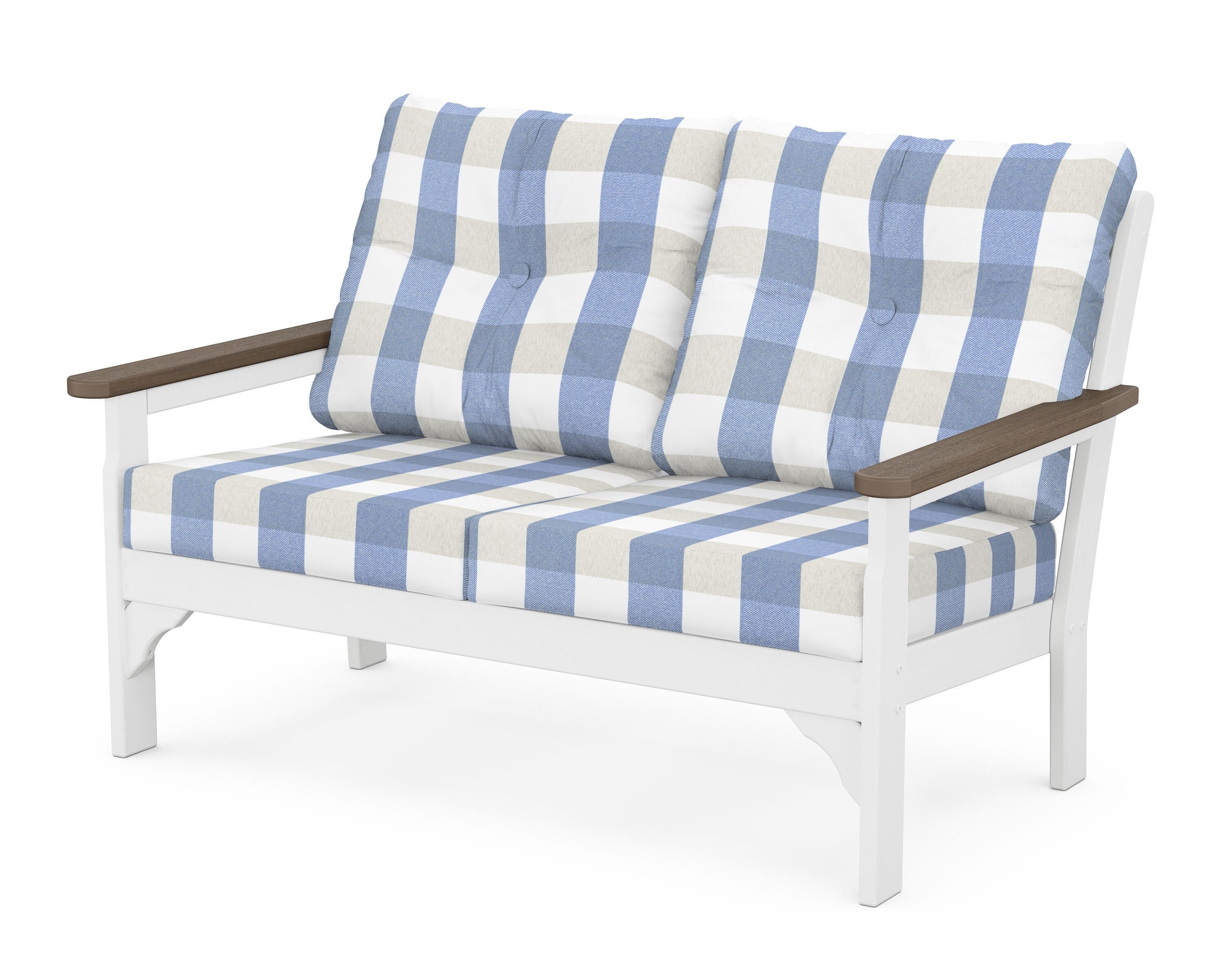 POLYWOOD® Vineyard Deep Seating Loveseat in White / Kona / Buffalo Plaid Sky Blue