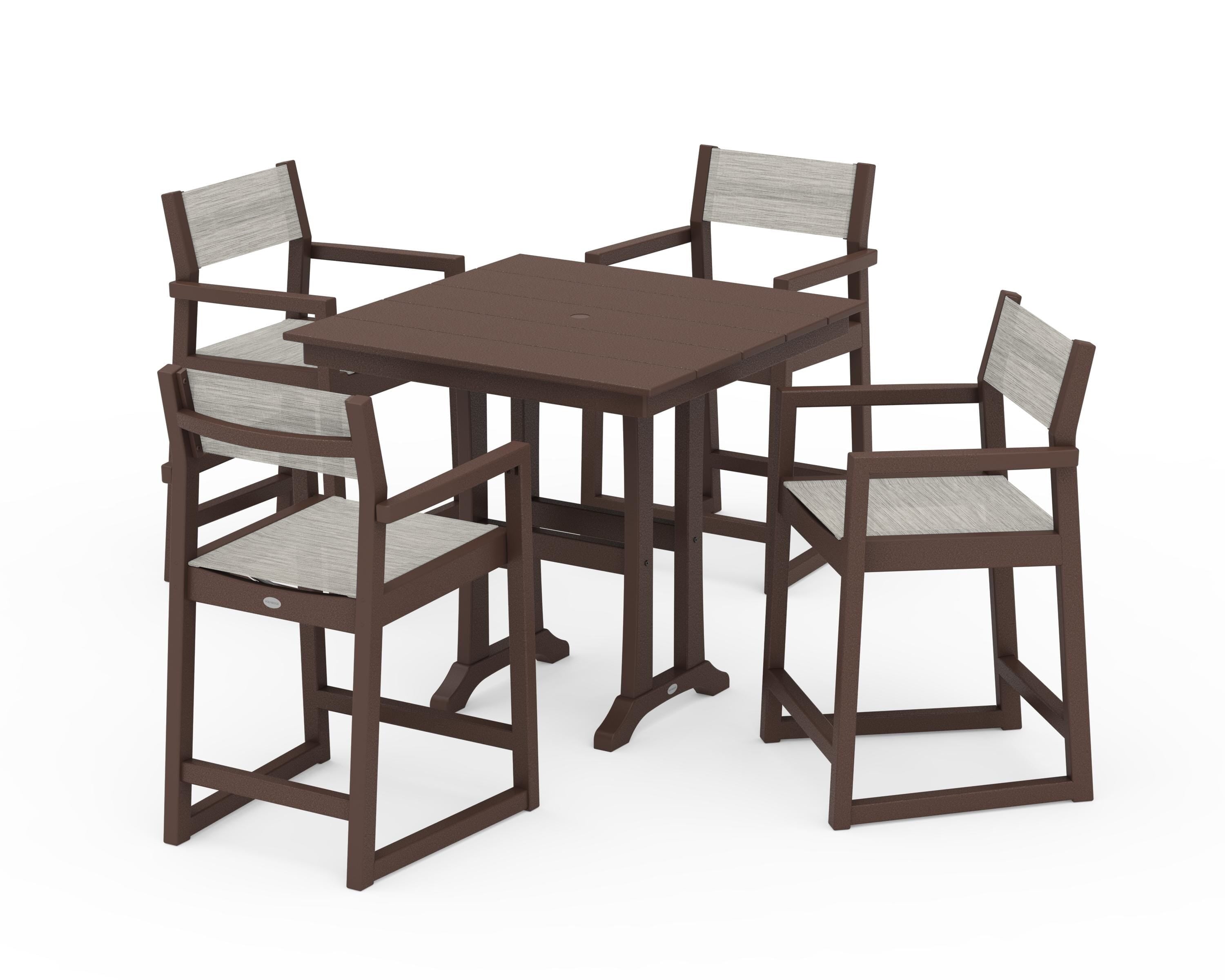 POLYWOOD® EDGE Sling Arm Chair 5-Piece Farmhouse Counter Set with Trestle Legs in Mahogany / Birch Sling