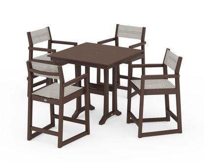 POLYWOOD® EDGE Sling Arm Chair 5-Piece Farmhouse Counter Set with Trestle Legs in Mahogany / Birch Sling