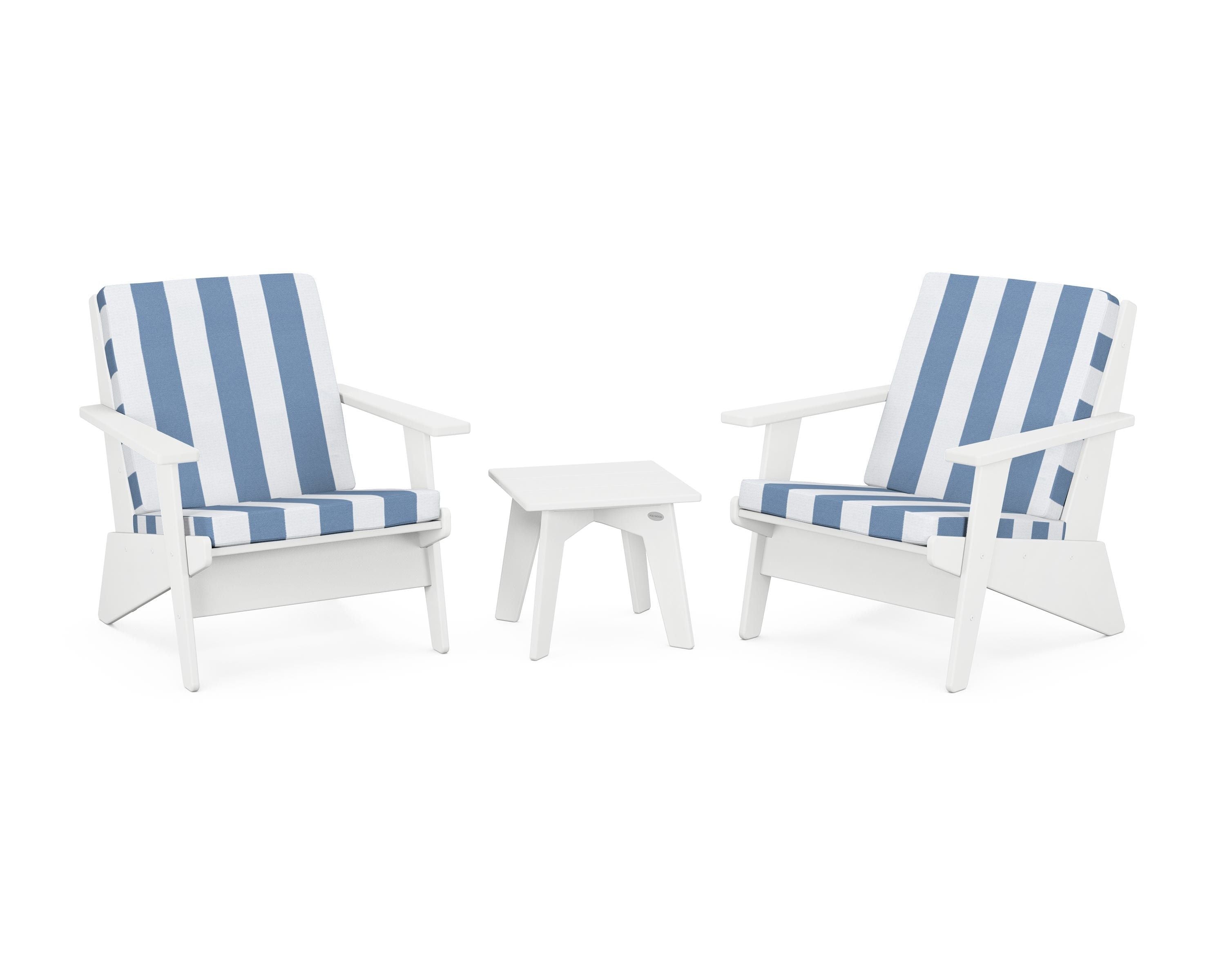 POLYWOOD® Riviera Modern Lounge 3-Piece Set in White / Cabana Stripe Sky Blue