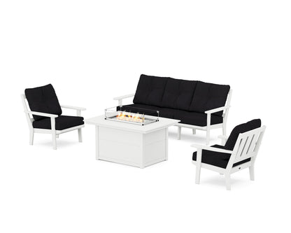 POLYWOOD® Oxford Deep Seating Fire Pit Table Set in White / Midnight Linen