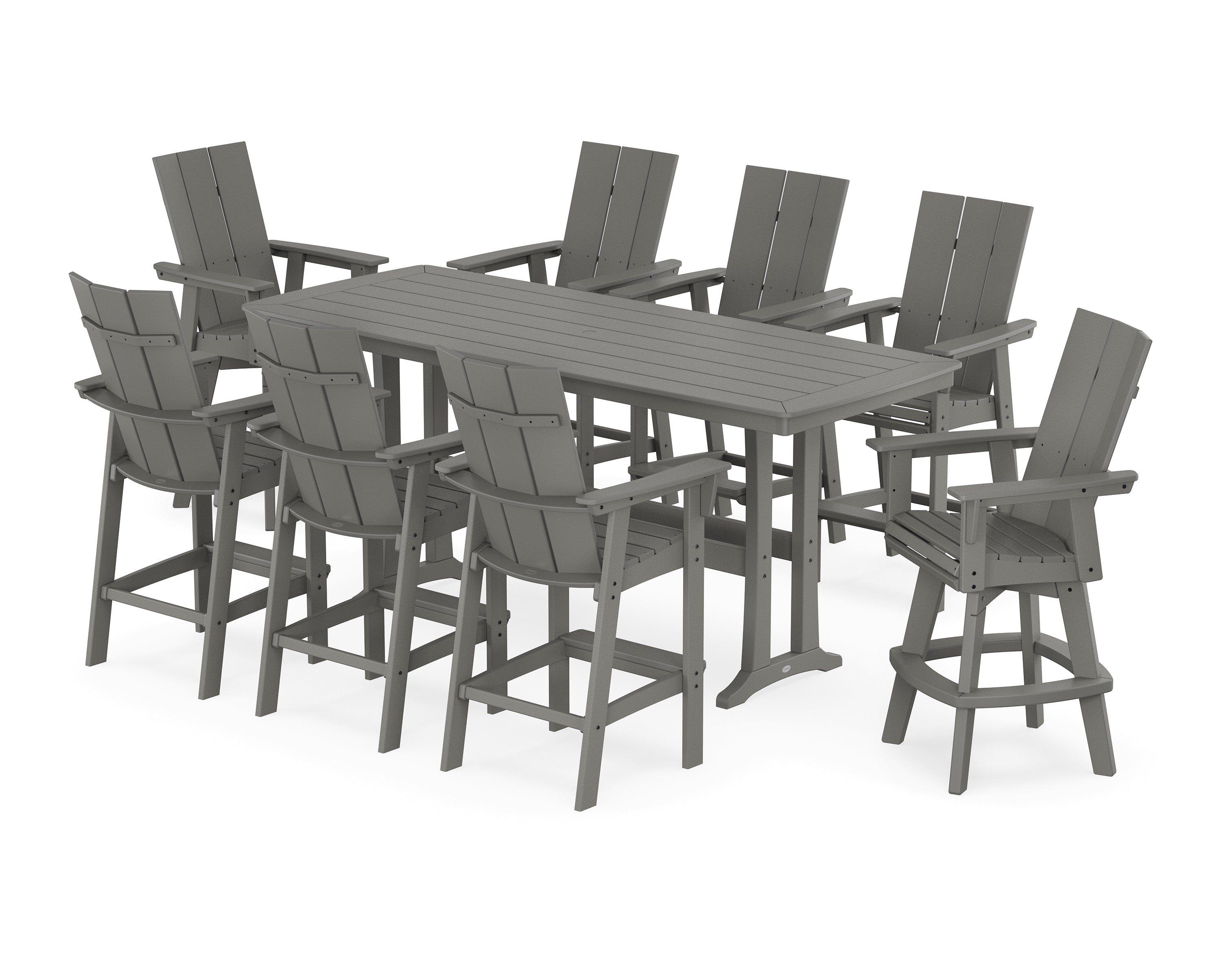 POLYWOOD® Modern Curveback Adirondack Swivel 9-Piece Bar Set with Trestle Legs in Slate Grey