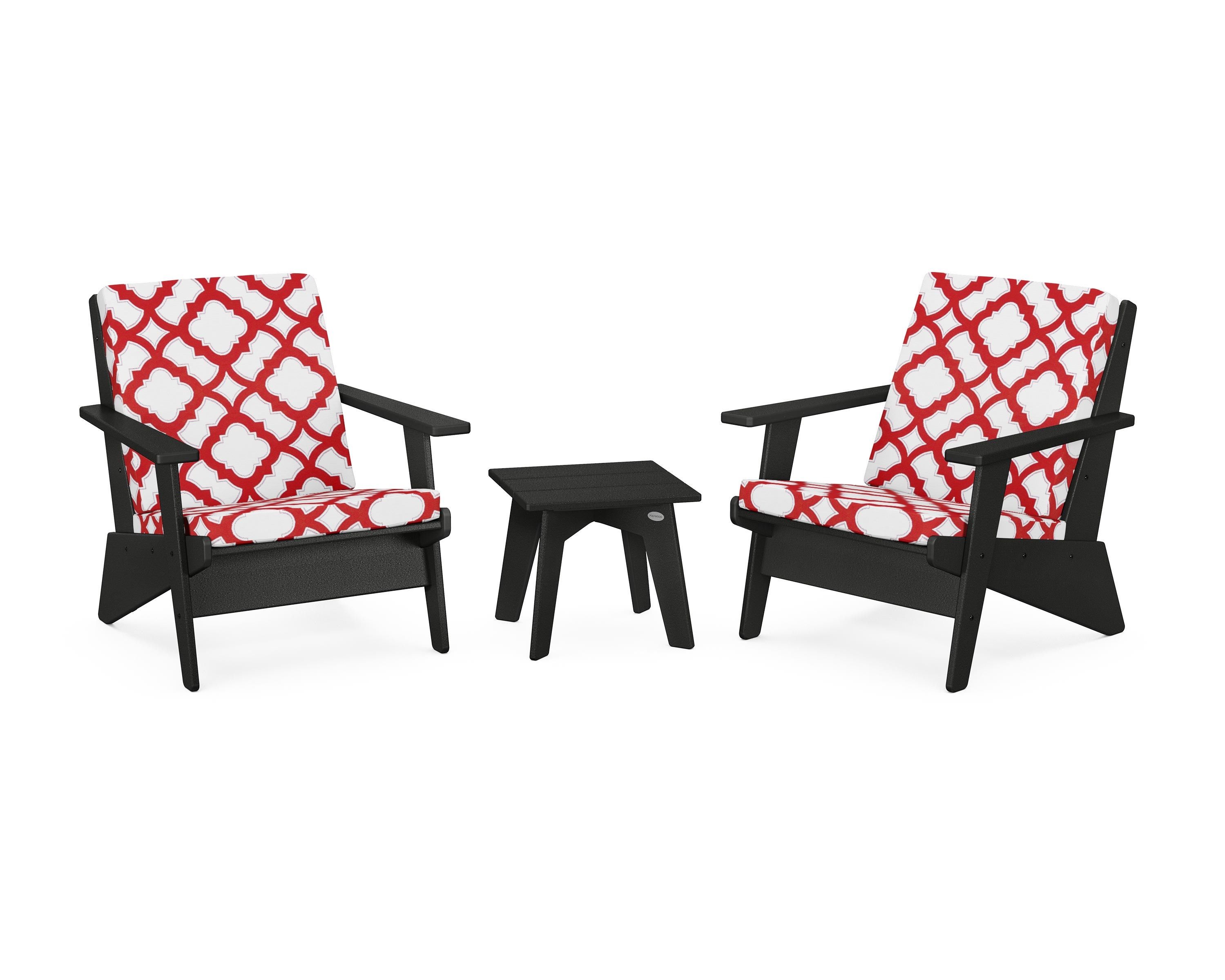 POLYWOOD® Riviera Modern Lounge 3-Piece Set in Black / Trellis Crimson