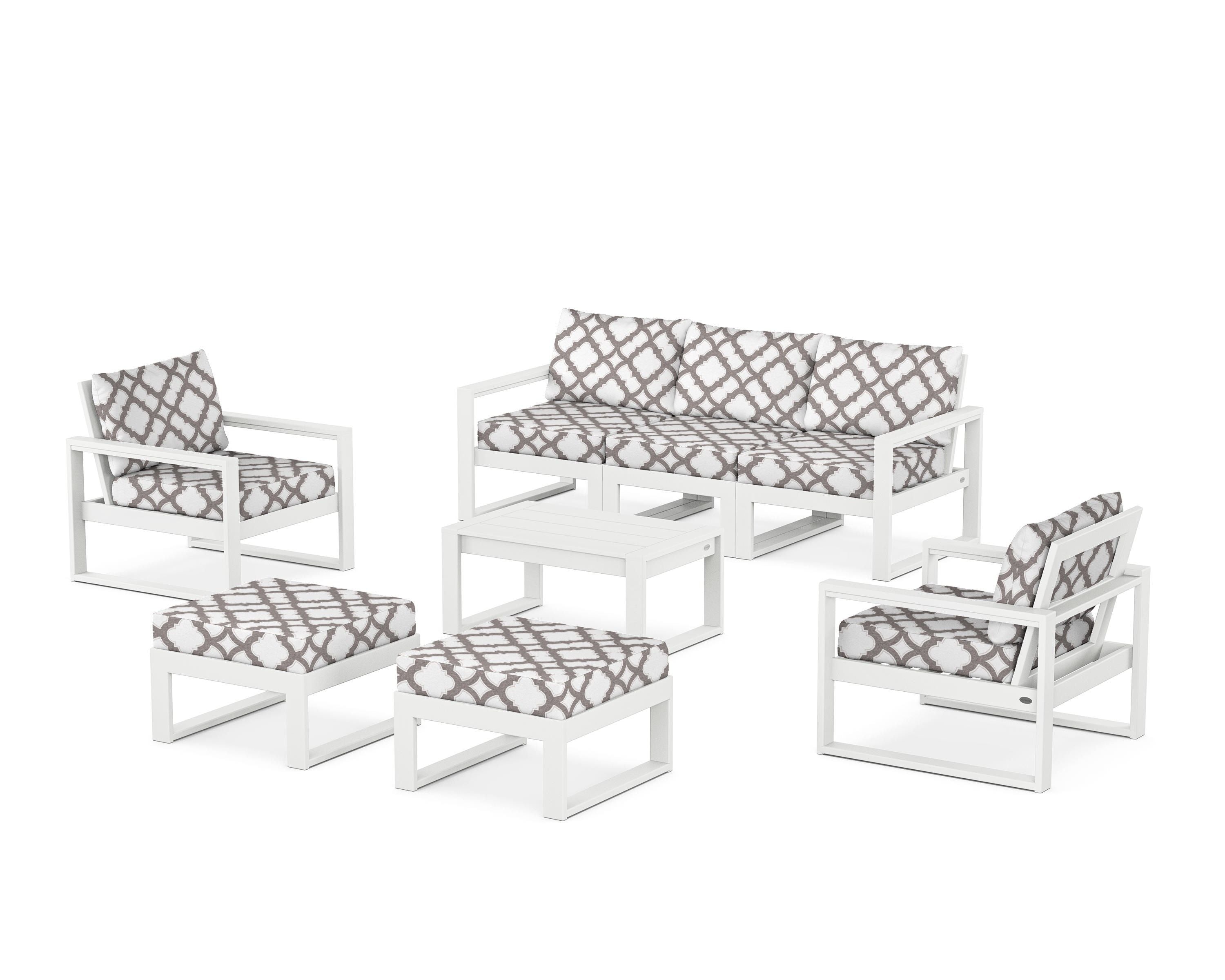 POLYWOOD® EDGE Sectional 8-Piece Lounge Sofa Set in White / Trellis Grey Mist