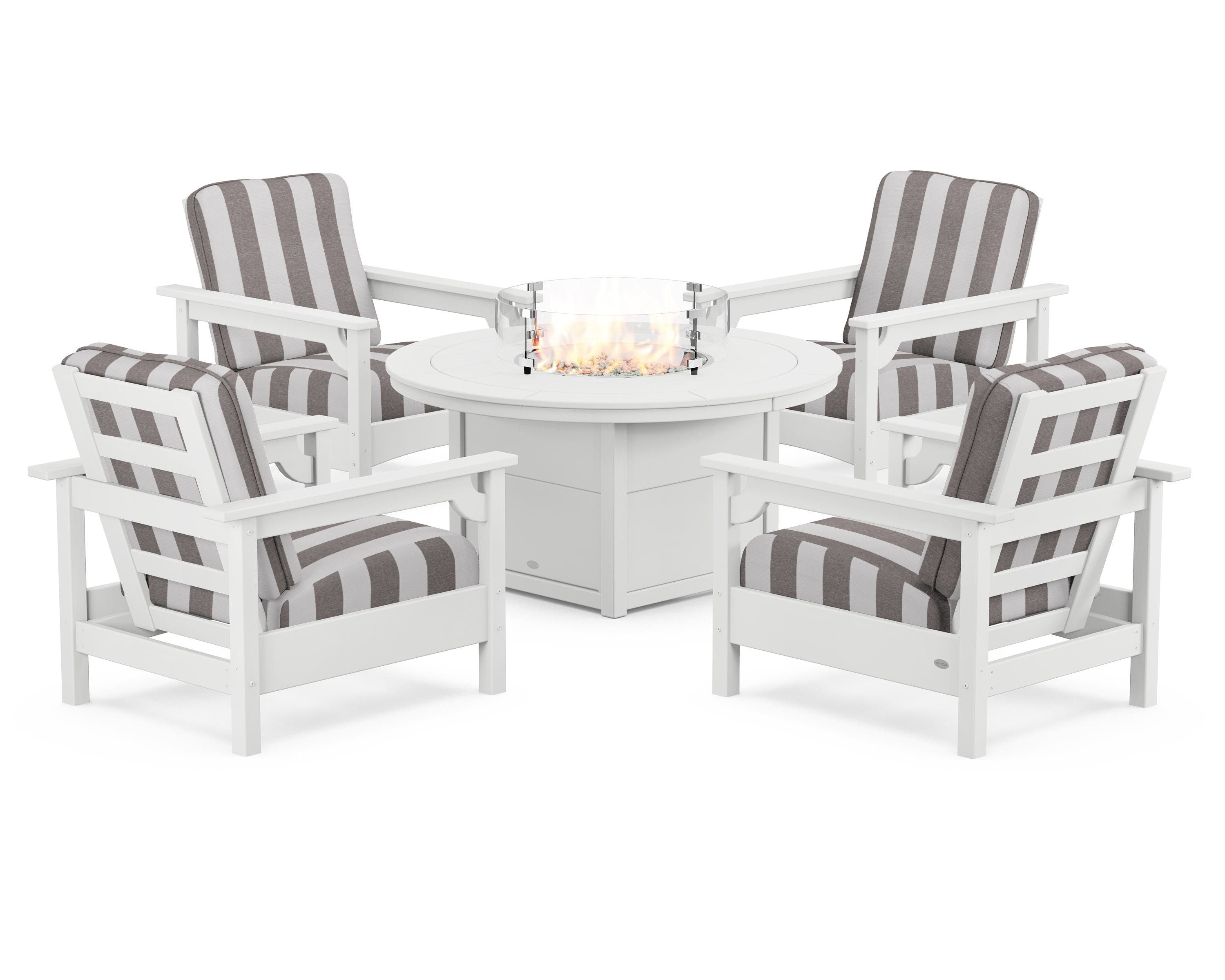 POLYWOOD® Club 5-Piece Conversation Set with Fire Pit Table in White / Cabana Stripe Grey Mist