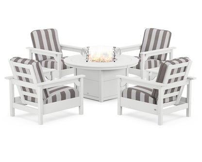 POLYWOOD® Club 5-Piece Conversation Set with Fire Pit Table in White / Cabana Stripe Grey Mist
