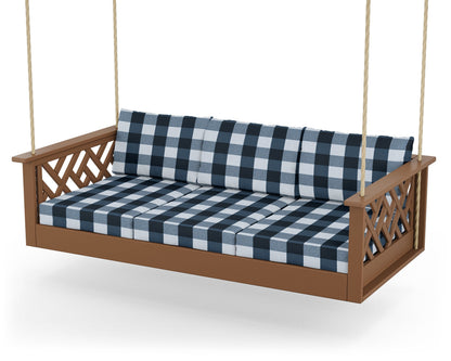 POLYWOOD® Chippendale Daybed Swing in Teak / Buffalo Plaid Marine Indigo