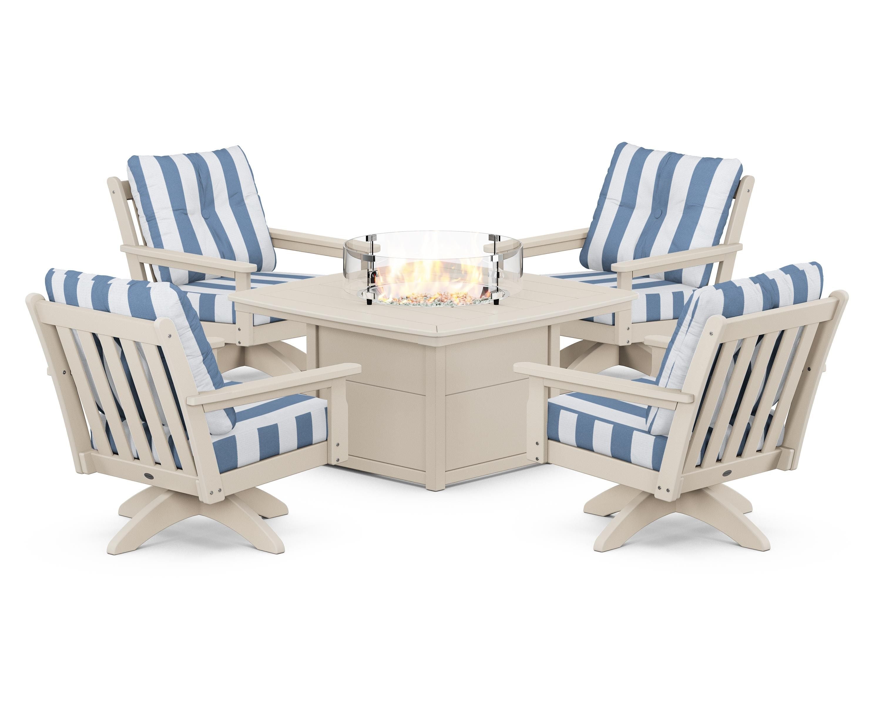 POLYWOOD® Vineyard 5-Piece Deep Seating Swivel Conversation Set with Fire Pit Table in Sand / Cabana Stripe Sky Blue