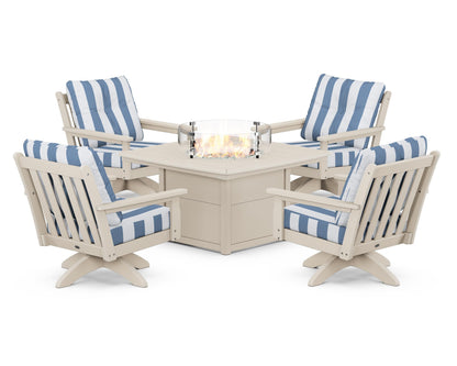 POLYWOOD® Vineyard 5-Piece Deep Seating Swivel Conversation Set with Fire Pit Table in Sand / Cabana Stripe Sky Blue