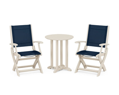 POLYWOOD® Coastal Folding 3-Piece Round Bistro Dining Set in Sand / Navy Blue Sling