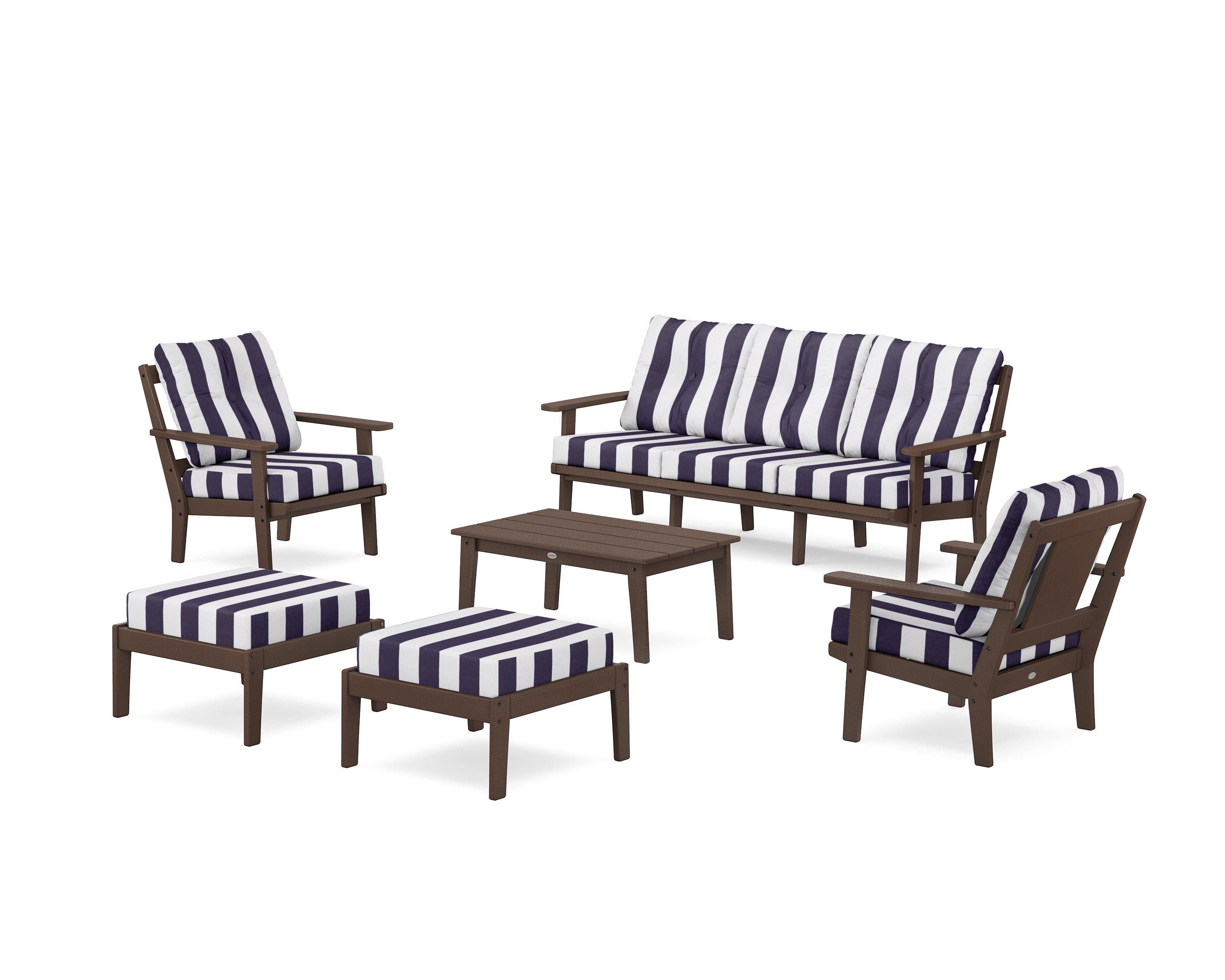 POLYWOOD® Prairie 6-Piece Lounge Sofa Set in Mahogany / Cabana Stripe Navy