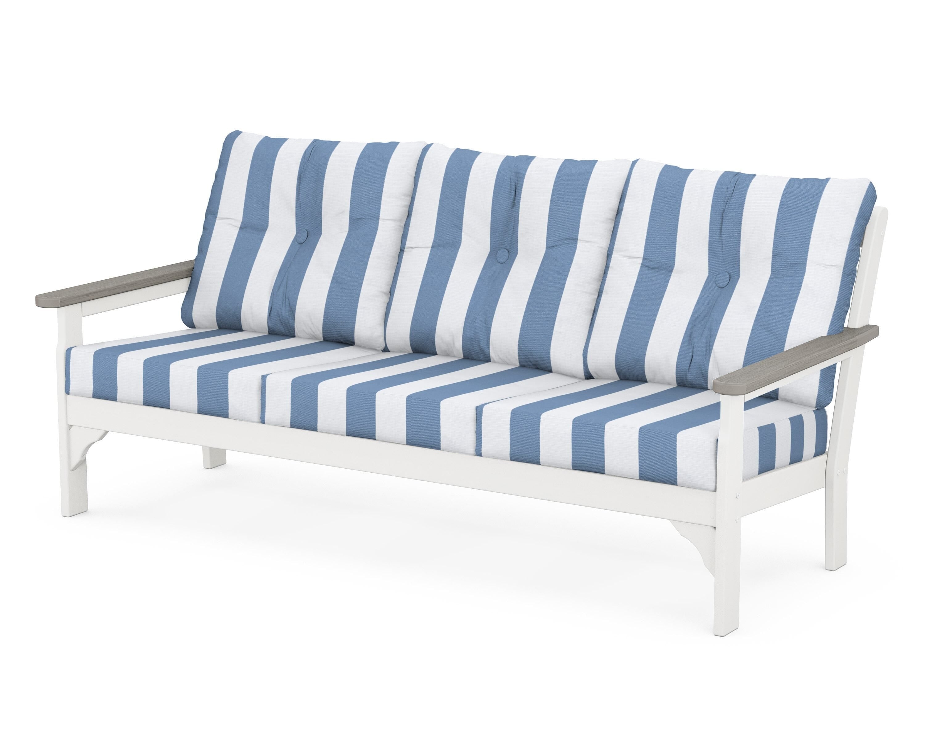 POLYWOOD® Vineyard Deep Seating Sofa in White / Driftwood / Cabana Stripe Sky Blue